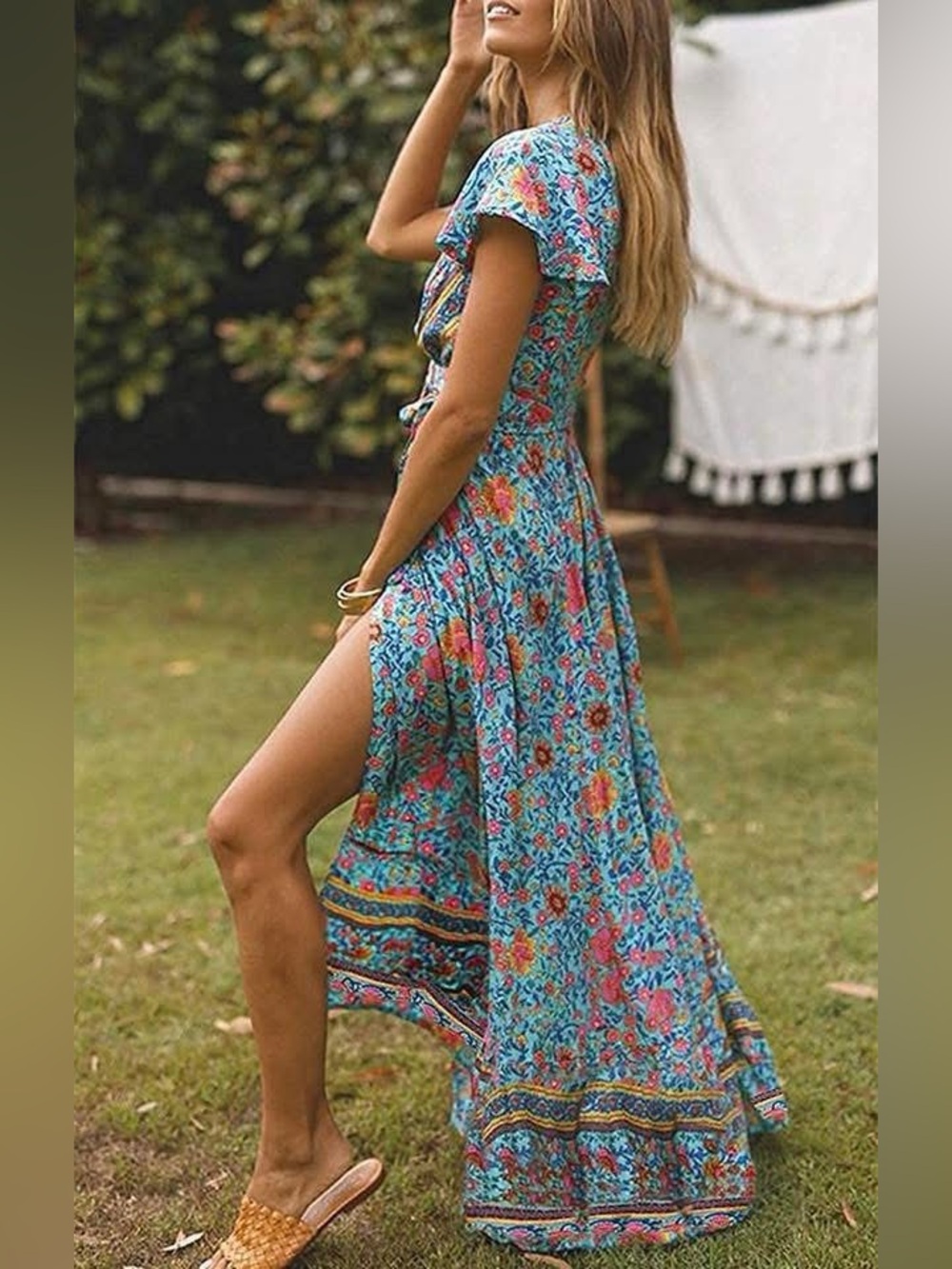 NEW Boho Floral Wrap Maxi Dress Tropical Resort Wedding Guest Slit Dress NWT - Picture 3 of 3